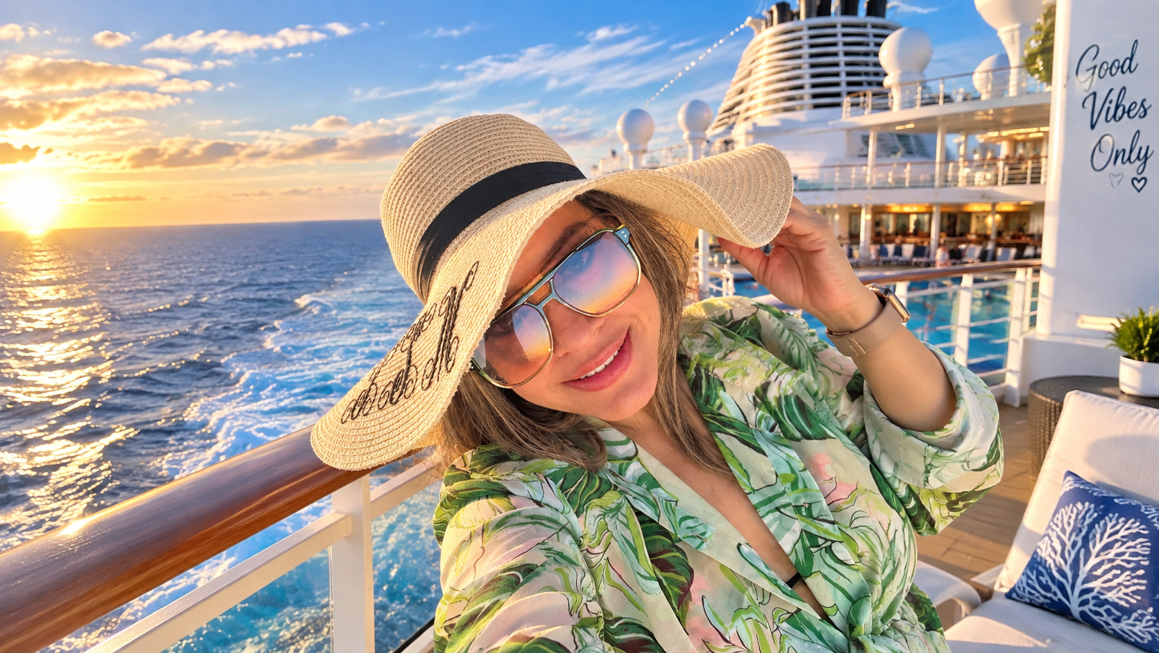 Ivonne en la cubierta de un crucero al atardecer